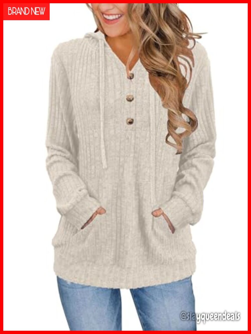 Women's Ribbed Pullover Hoodie Henley Neck Kangaroo Pocket Fall Winter